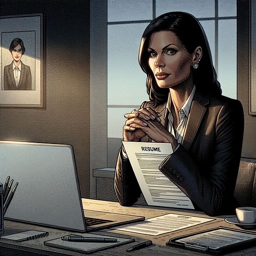 A professional and engaging illustration of a job seeker in an office setting, analyzing their skills and experiences, with elements like a resume and a laptop in the background.