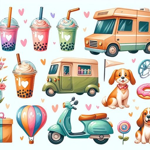 A whimsical illustration of colorful favorite things, including items like bubble tea, various colors, transport modes like an RV and a scooter, and popular dog breeds, all designed in an engaging and playful style, suitable for a light-hearted quiz about love and relationships.