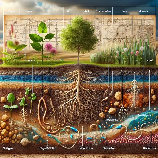 A vibrant illustration of various types of soil, plant roots, and nitrogen cycle processes in a natural setting, highlighting the importance of soil in agriculture and ecology.