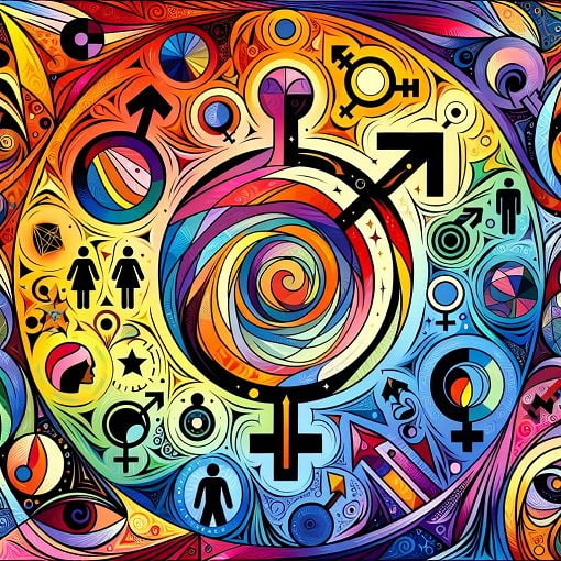 An abstract representation of gender identity, featuring diverse gender symbols and colorful backgrounds, promoting inclusivity and self-expression.