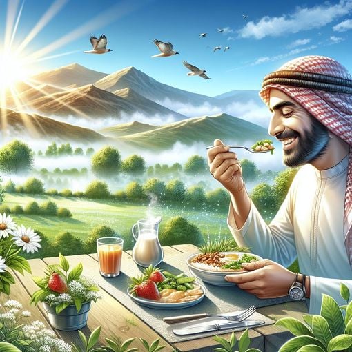 A vibrant and peaceful morning scene showcasing a person enjoying a nutritious breakfast surrounded by nature, embodying energy and wellness.