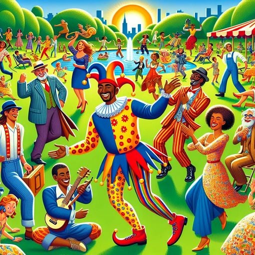 A colorful and humorous illustration of various quirky characters from a fictional play or story, embodying fun and lively traits, set in a vibrant park environment.