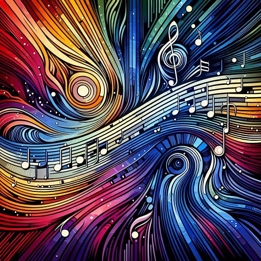 Create an artistic image featuring a blend of 2010s emo music elements and 1960s jazz aesthetics, with vibrant colors and musical notes flowing between them.