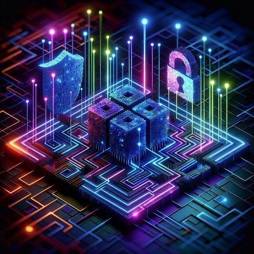 A visually engaging illustration depicting cybersecurity concepts, including encryption, firewalls, and network security protocols with abstract shapes and colors to create a tech-inspired atmosphere.