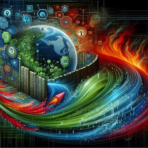 A detailed and vibrant illustration of cybersecurity concepts, featuring elements like encryption, firewalls, and network security diagrams.