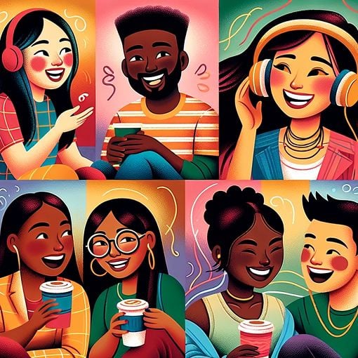 A vibrant illustration of diverse friends hanging out, showcasing friendship activities like chatting, sharing music, and enjoying coffee together, with a colorful and inclusive vibe.