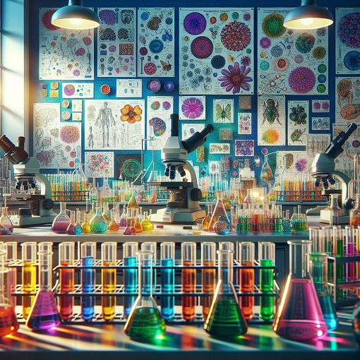 A vibrant image of a biology lab filled with colorful charts, test tubes, and microscopes, showcasing the beauty of science and nature.