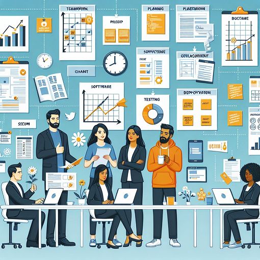 An educational illustration depicting Agile principles and Scrum framework, with visuals of teamwork, planning, and software development.