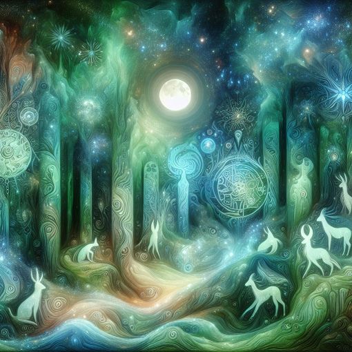 An abstract illustration of a mystical forest with magical creatures, symbols, and a glowing moon, conveying a sense of enchantment and intuition.