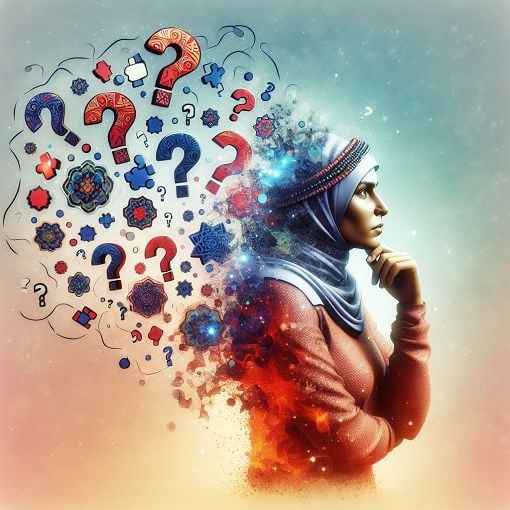 A colorful illustration of a person contemplating memory, surrounded by floating question marks and thought bubbles, conveying the idea of cognitive challenges.