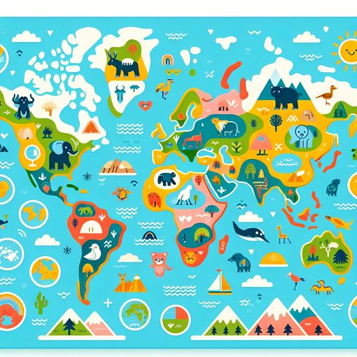 A colorful world map highlighting the seven continents, with playful icons representing various geographical features and wildlife, designed for an educational quiz on continents.