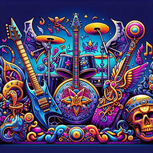 A colorful and vibrant illustration featuring elements of heavy metal culture, musical instruments, and whimsical references to Nanowar Of Steel, blending fantasy and rock aesthetics.