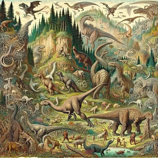 A whimsical illustration featuring various creatures and landscapes inspired by the Hell Creek formation, including dinosaurs, lush forests, and unique aesthetics.