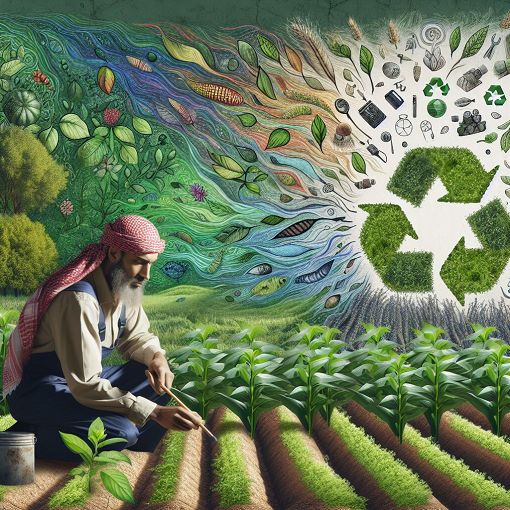 A vibrant image depicting a lush green forest with diverse wildlife, a farmer in a field, and symbols representing recycling, sustainability, and environmental protection.