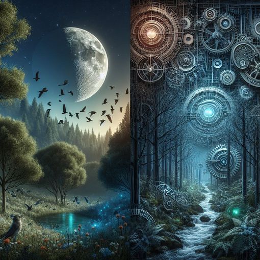 A fantasy-inspired image depicting a duality between a serene moonlit scene and a structured, orderly Saturn-inspired environment, reflecting themes of productivity and personality.