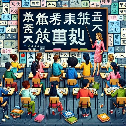 A vibrant classroom scene with students learning Chinese, featuring characters, vocabulary cards, and a chalkboard with Chinese phrases.