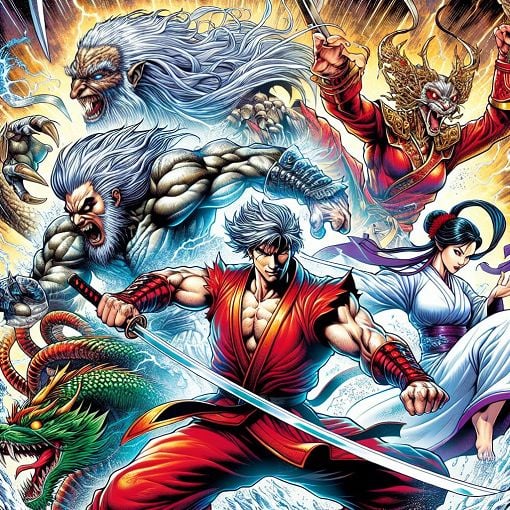 A colorful illustration of iconic characters from Marvel vs. Capcom 3 in a dynamic fighting scene, featuring characters like Dante, Wolverine, and Ryu, with comic book style effects and vibrant colors.