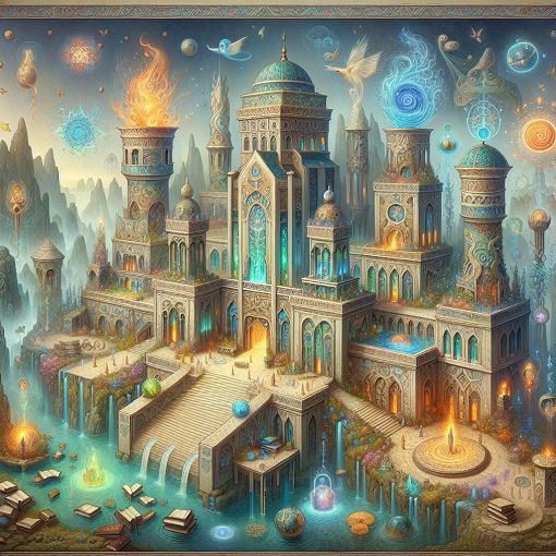 A fantastical illustration of a magical school with four distinct houses, each represented by different elements (fire, water, earth, air), surrounded by enchanted creatures and mystical objects.