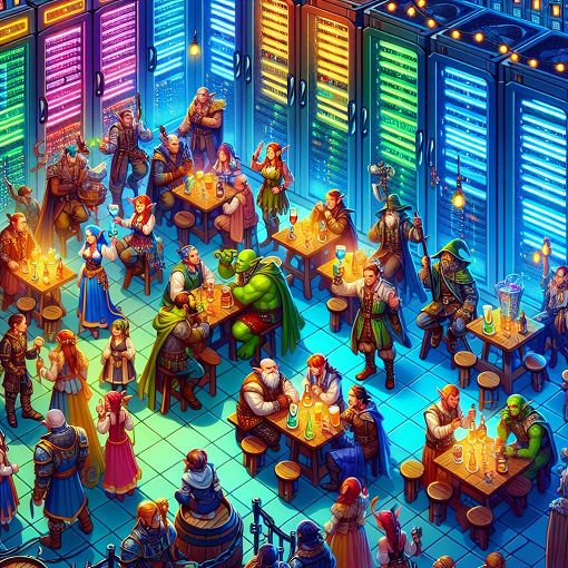 Create an engaging and colorful digital artwork representing a fantasy server environment, with thematic elements related to roleplay, community interaction, and a vibrant bar scene, incorporating fantasy characters and a whimsical atmosphere.