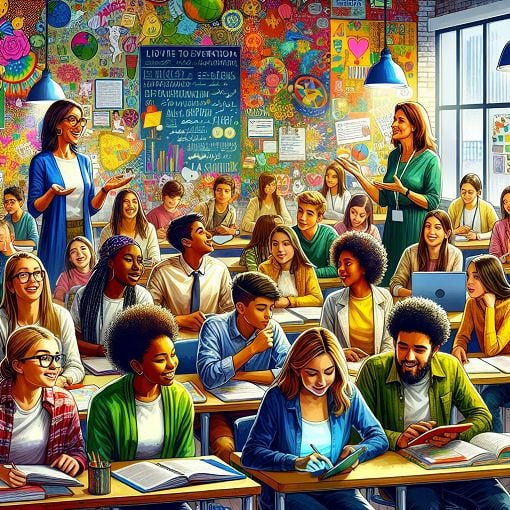 Create an image of a classroom filled with students, diverse teachers, and colorful bulletin boards, capturing an upbeat and educational atmosphere.