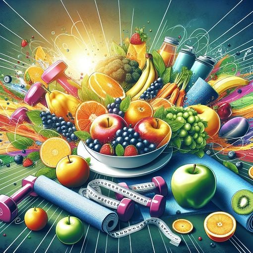 A vibrant and colorful illustration of a healthy breakfast table with fruits, vegetables, and exercise equipment in the background, conveying a sense of vitality and well-being.