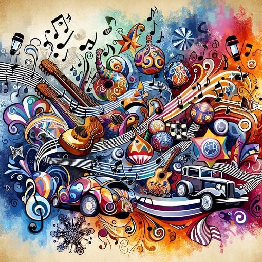 A vibrant illustration of multicultural elements, featuring music notes, various car models, and whimsical representations of diverse cultural icons, all set against an abstract colorful background.