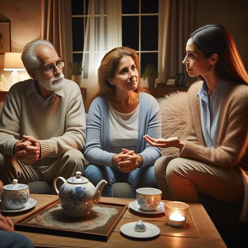 A caring health care coordinator discussing palliative care options with a family in a cozy home environment, with warm lighting and comforting elements