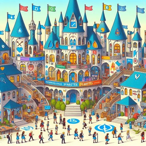 Create a vibrant and engaging image featuring a whimsical, fantasy-themed school for diabetes education, with colorful banners for different houses, students interacting with diabetes gadgets, and symbols of diabetes advocacy.