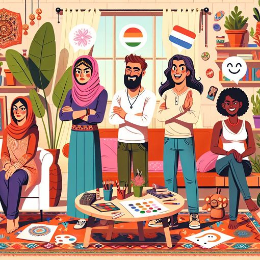 A colorful and whimsical illustration of various characters inspired by diverse personality traits, with a backdrop of a cozy living room setting filled with playful decor, plants, and art supplies.