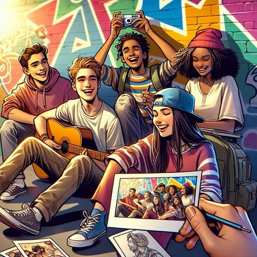 Create an image of a diverse group of teenagers interacting and sharing experiences in a vibrant, youthful environment that represents friendship and growing up.