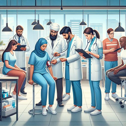 Create a vibrant and informative illustration related to healthcare practices, featuring diverse healthcare professionals collaborating with patients in a clinical setting, emphasizing teamwork and patient-centered care.