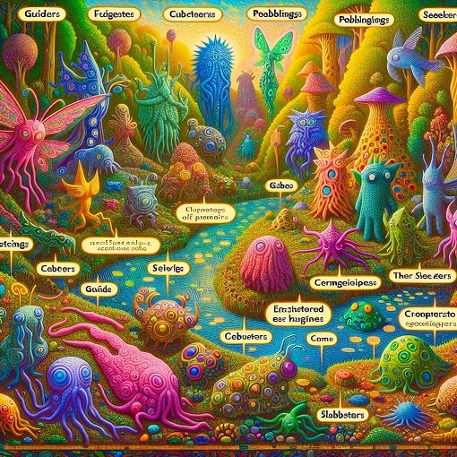 A vibrant and colorful illustration depicting various whimsical creatures from Guide and Seek, such as Guiders, Seekers, Pebblings, Leafrees and Slabsters, set against a fantastical landscape filled with lush forests, sparkling beaches, and imaginative landscapes.