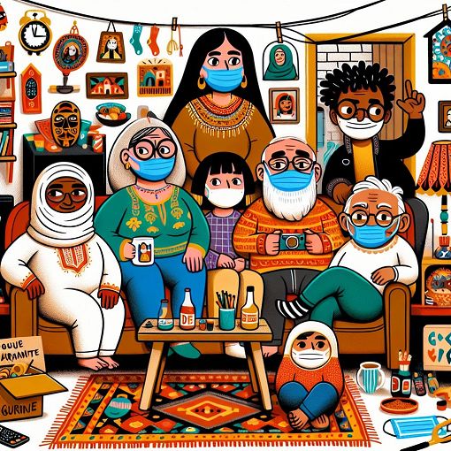 A whimsical illustration of a diverse group of quirky characters hanging out in a cozy, cluttered living space, with colorful decorations and humorous elements related to quarantine life.