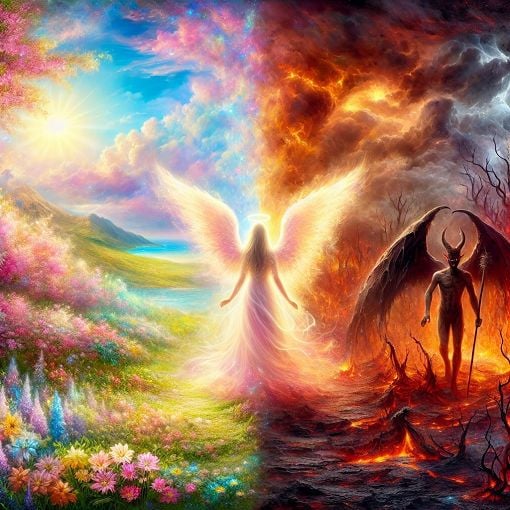 A mystical scene depicting an angel on one side and a demon on the other, with a vibrant sky and contrasting landscapes. The angel is surrounded by light and positivity, while the demon is in shadowy, darker tones, representing conflict between good and evil.