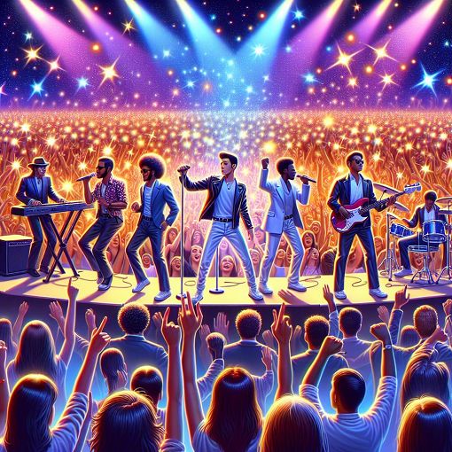 A vibrant, colorful illustration of a K-pop concert with a specific focus on a fictional band similar to BTS, with fans cheering and many lightsticks in the audience.