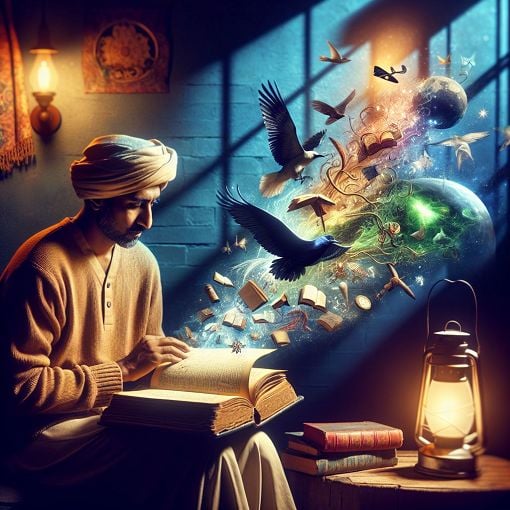 Create an image of a person reading a book surrounded by iconic literary symbols, with a vibrant and engaging atmosphere.