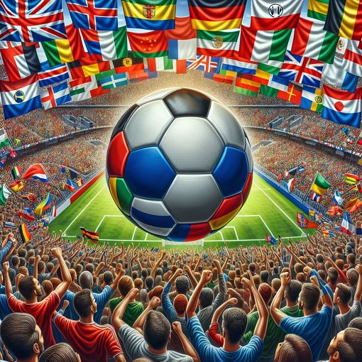 A dynamic and colorful illustration of a soccer ball surrounded by flags of European countries, with a stadium in the background and a cheering crowd