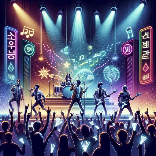 Create an image of a vibrant music scene featuring a band on stage with fans cheering, colorful lights, and a backdrop that hints at K-pop culture, emphasizing energy and excitement.