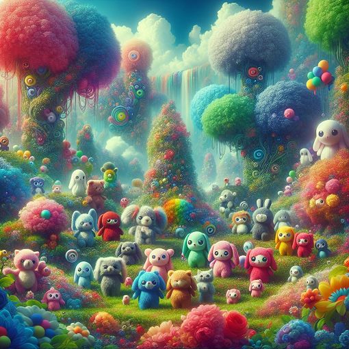 A whimsical illustration of various cute plushies in a dreamlike setting, surrounded by flowers and vibrant colors, evoking feelings of nostalgia and warmth.