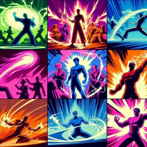 A vibrant, colorful illustration depicting various characters and Nen abilities inspired by Hunter x Hunter, showcasing diverse Nen categories like Enhancement, Manipulation, and others in an action-packed scene.