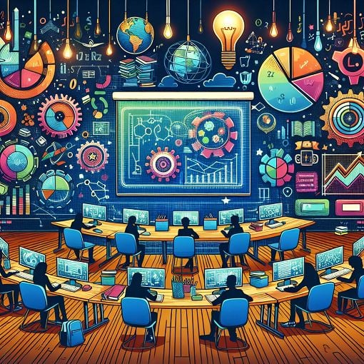 A colorful and engaging illustration depicting a quiz environment with PSx, TOT FSU themes, and educational elements, including devices, charts, and collaborative teamwork.