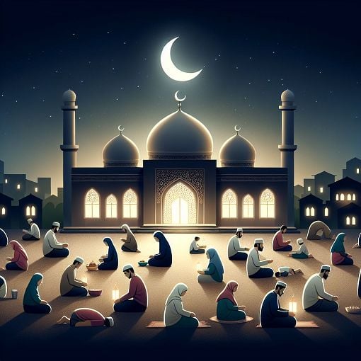 A serene night scene depicting a crescent moon over a mosque, with people breaking their fast and engaging in worship, reflecting the spirit of Ramadan.