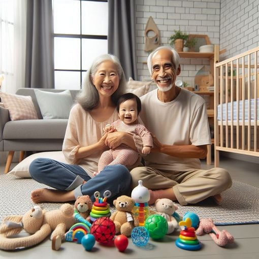 An inviting living room setting with a cozy crib, colorful baby toys, and a smiling grandparent holding a baby, bright and cheerful atmosphere.