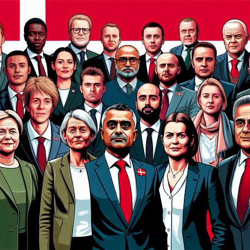 A detailed illustration of Danish parliament members in a political setting, highlighting their roles and titles, with a background of the Danish flag.