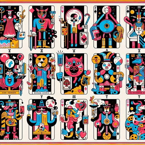 A vibrant, whimsical illustration of a tarot deck featuring playful interpretations of various characters, combining whimsical elements from social media and pop culture.