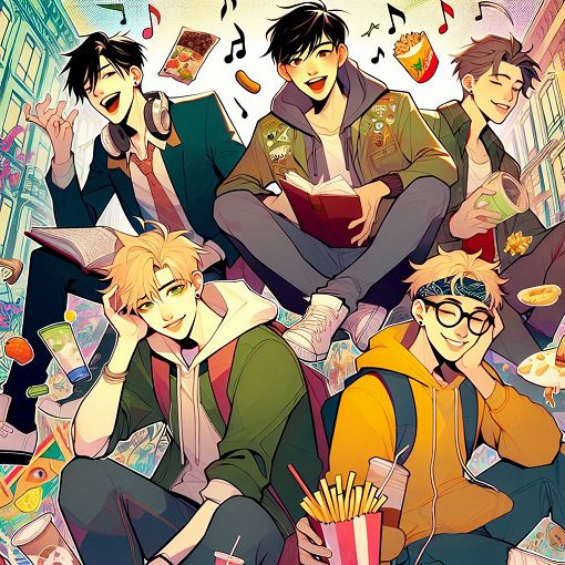 A colorful illustration of various anime-style boys representing different personalities, surrounded by elements like music notes, snacks, and humorous expressions, in a vibrant urban setting.