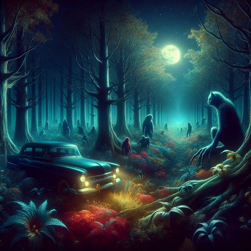 A vibrant and atmospheric illustration depicting a dark forest with mystical creatures, a vintage car, and a full moon, inspired by the supernatural universe