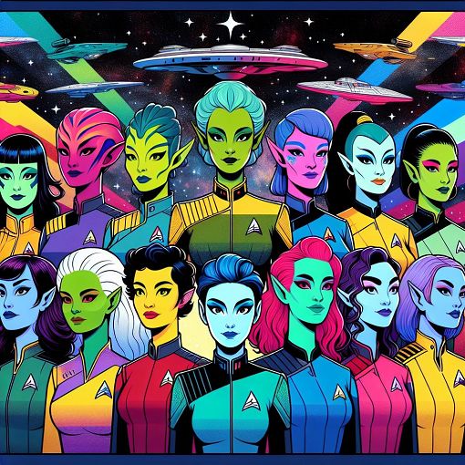 A vibrant and colorful illustration of various minor female characters from the Star Trek universe, standing together against a starry space background with a spaceship in the distance.