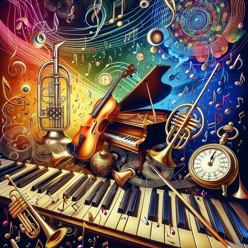 A vibrant music-themed illustration showing musical notes, instruments, and a metronome in an engaging artistic style, representing the concepts of rhythm, melody, and harmony.