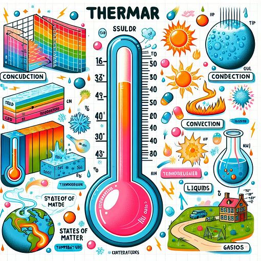 A visually engaging illustration of thermal concepts, including a thermometer, heat transfer, and the effects of temperature on matter, in a bright and educational style.